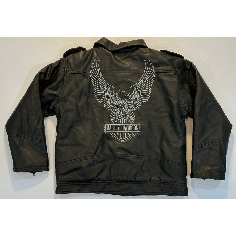 Harley Davidson Biker Jacket Kids Size 7 Black Faux Leather Eagle Graphic Moto